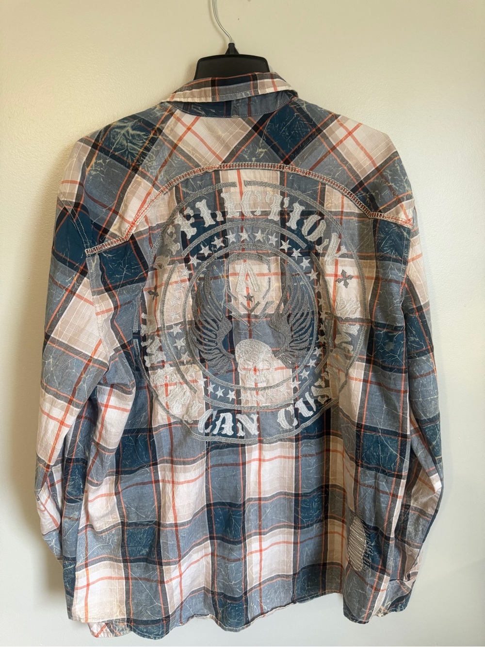 Affliction Mens Blue Plaid Snap Button Embroidered Patch Black Premium Shirt 2XL - Picture 12 of 16
